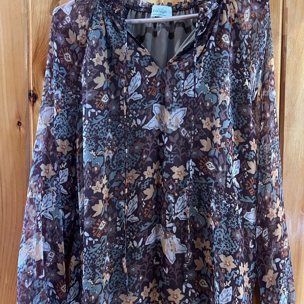 Kaileigh Brown Floral Sheer Long-Sleeve Blouse